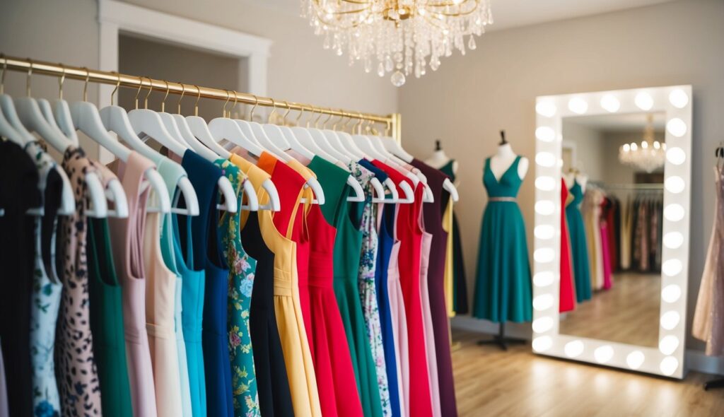 Un portant de robes colorées exposées dans une boutique, avec un éclairage doux et un miroir en arrière-plan