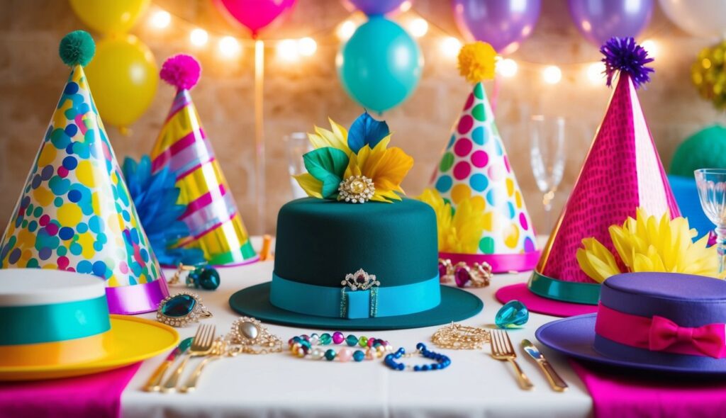 Une table ornée de chapeaux de fête colorés, de bijoux élégants et de sacs à main festifs pour la célébration d'anniversaire d'une femme.