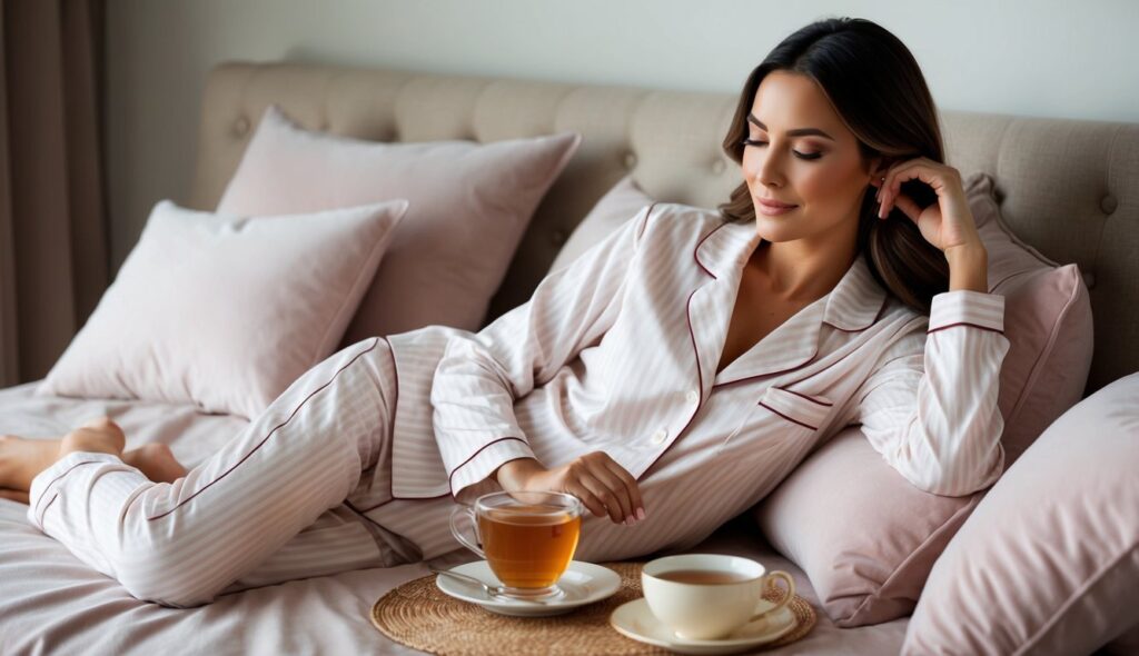 La collection de pyjamas Etam : douillette mais élégante, une femme se prélasse dans des pyjamas luxueux, entourée de coussins moelleux et d'une tasse de thé chaude.