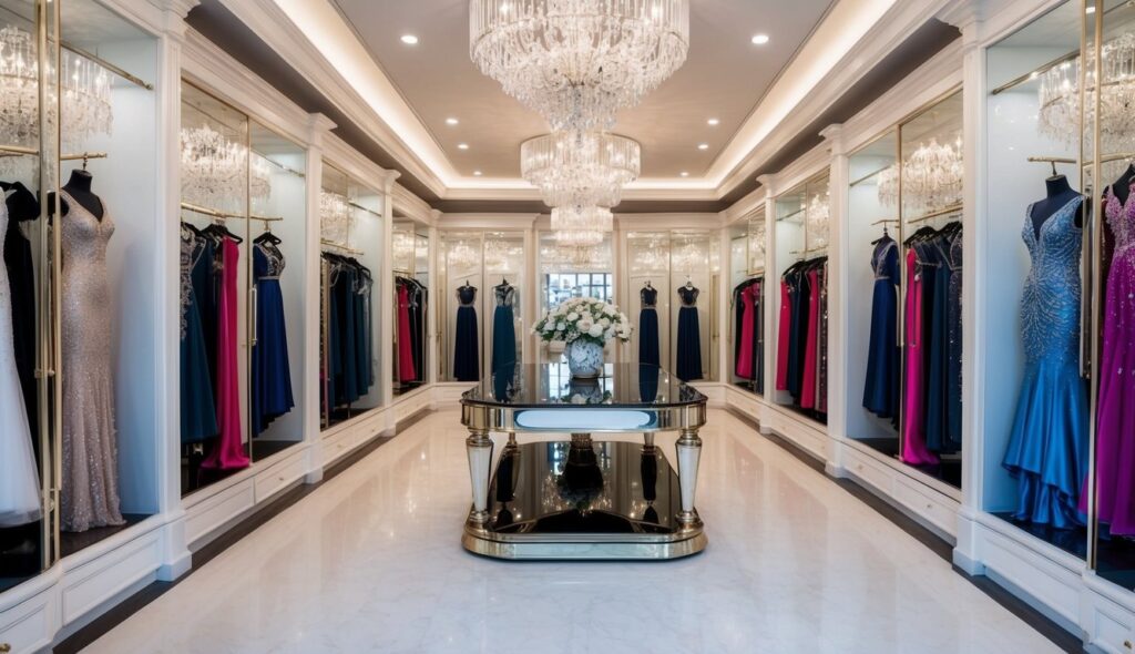 Une boutique glamour avec des robes de soirée élégantes en vitrine. Des lustres étincelants illuminent l'espace opulent, créant une atmosphère luxueuse.