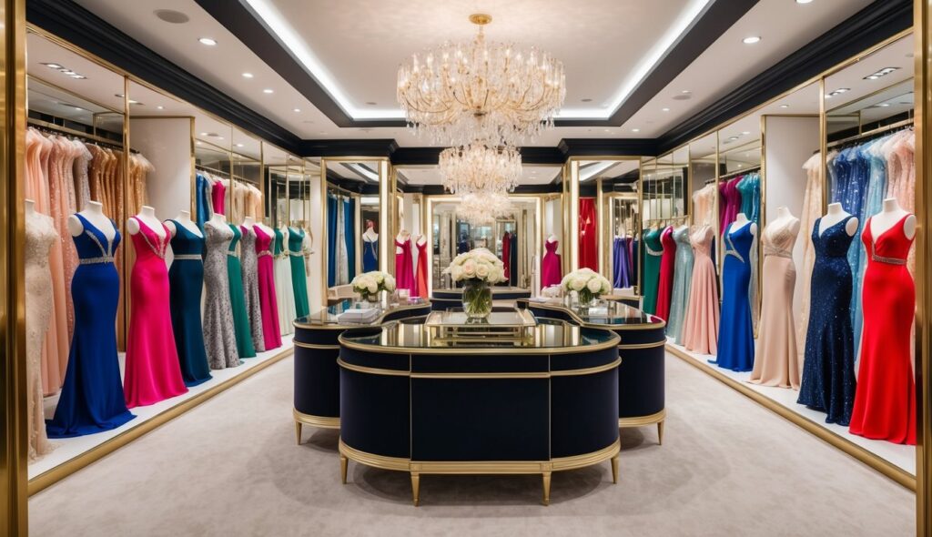 Une vitrine de boutique glamour présentant les dernières tendances de robes de soirée, avec des tissus élégants et luxueux dans une variété de couleurs et de styles.