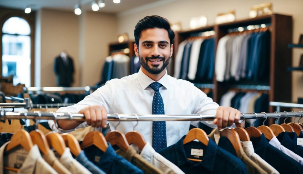 Un homme élégant choisit avec confiance des vêtements dans une boutique de style old money, près de la caméra.