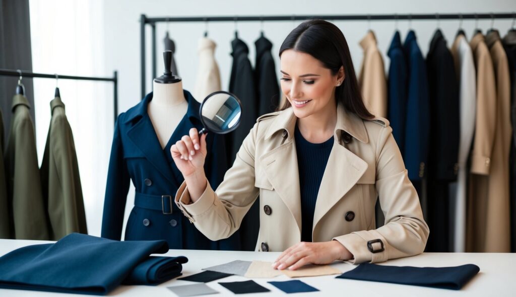 Une femme comparant différents matériaux de trench coat, avec des échantillons et une loupe sur une table