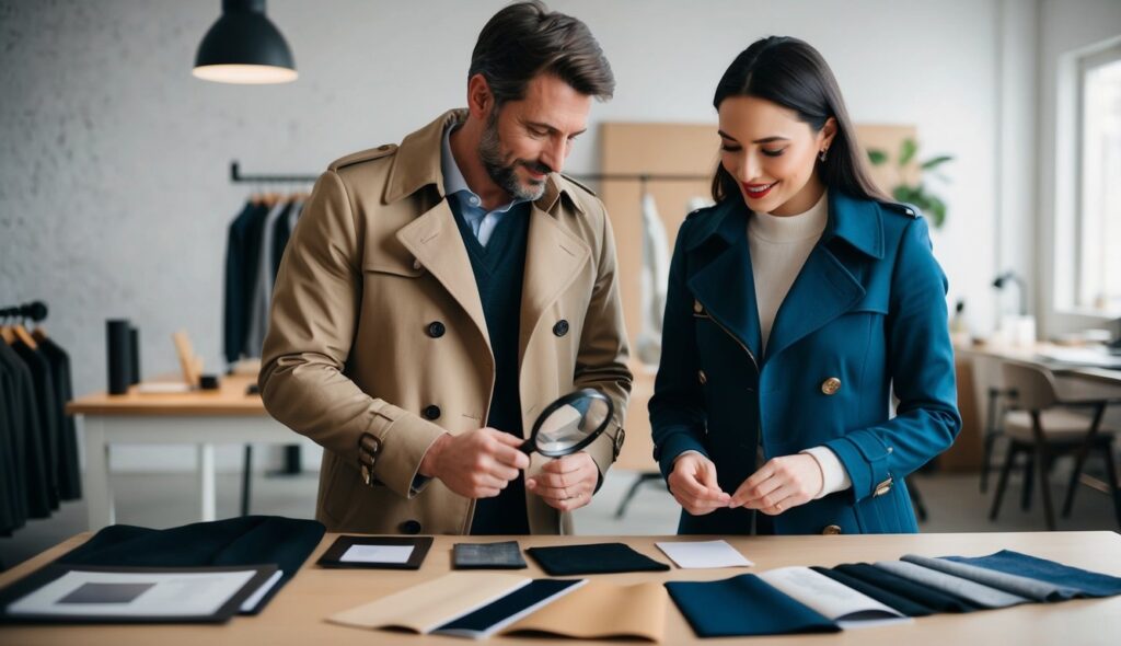 Un homme et sa femme comparant des matériaux de trench-coat avec des échantillons et une loupe sur une table.