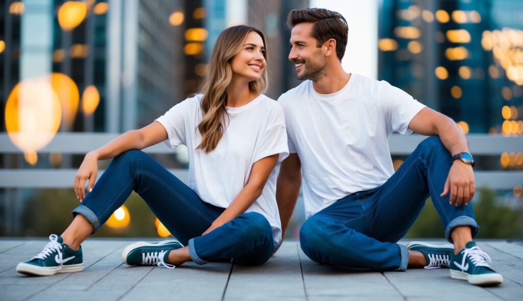 Un couple en t-shirts amples, jeans confortables et baskets, avec une posture décontractée et des expressions insouciantes.