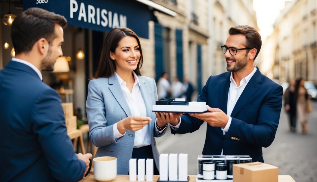 Le vendeur parisien présente avec assurance des options de produits à un client potentiel, utilisant un langage corporel captivant pour transmettre la valeur.