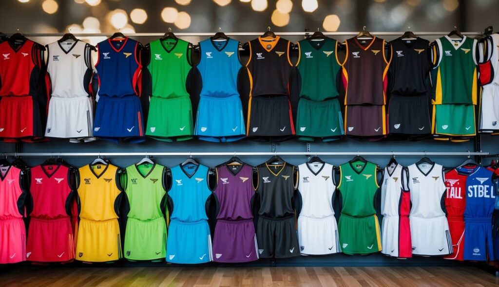 Un groupe de tenues de netball de différentes couleurs et styles disposées soigneusement sur des étagères d'exposition.