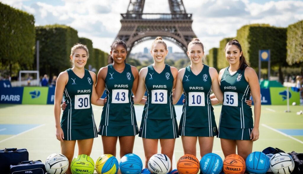 Quatre joueuses de netball en uniforme entourées de divers équipements et kits de netball à Paris.