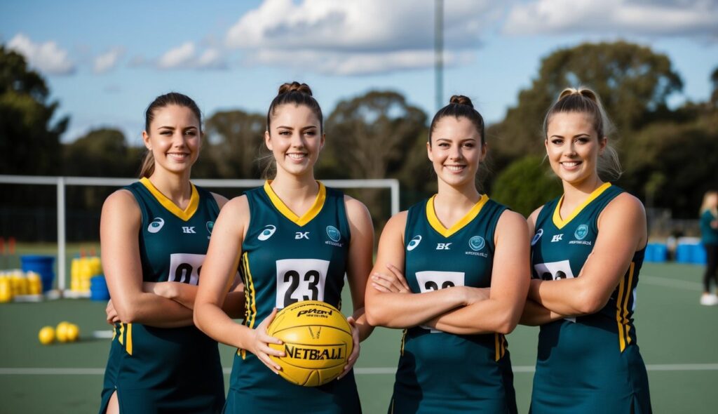 Quatre joueuses de netball en uniforme avec des équipements autour d'elles.