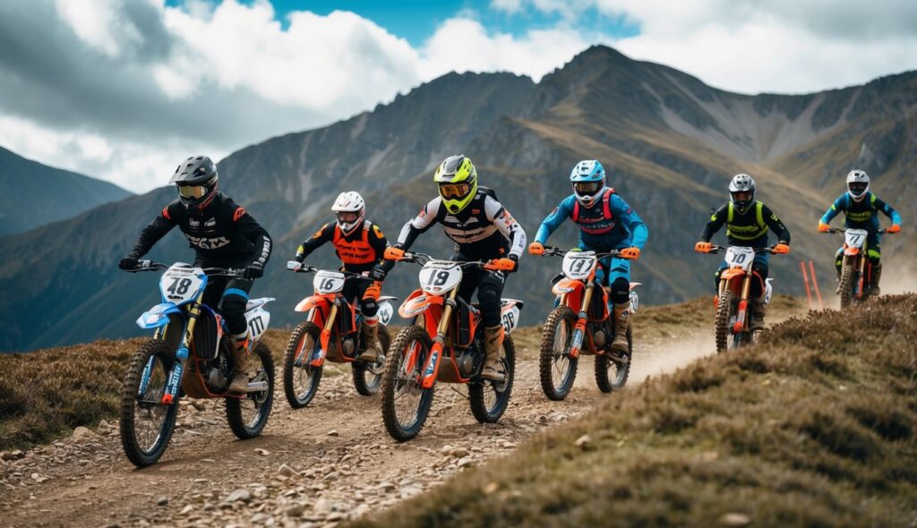 Un groupe de coureurs d'enduro en équipement spécialisé naviguant sur un sentier montagneux accidenté