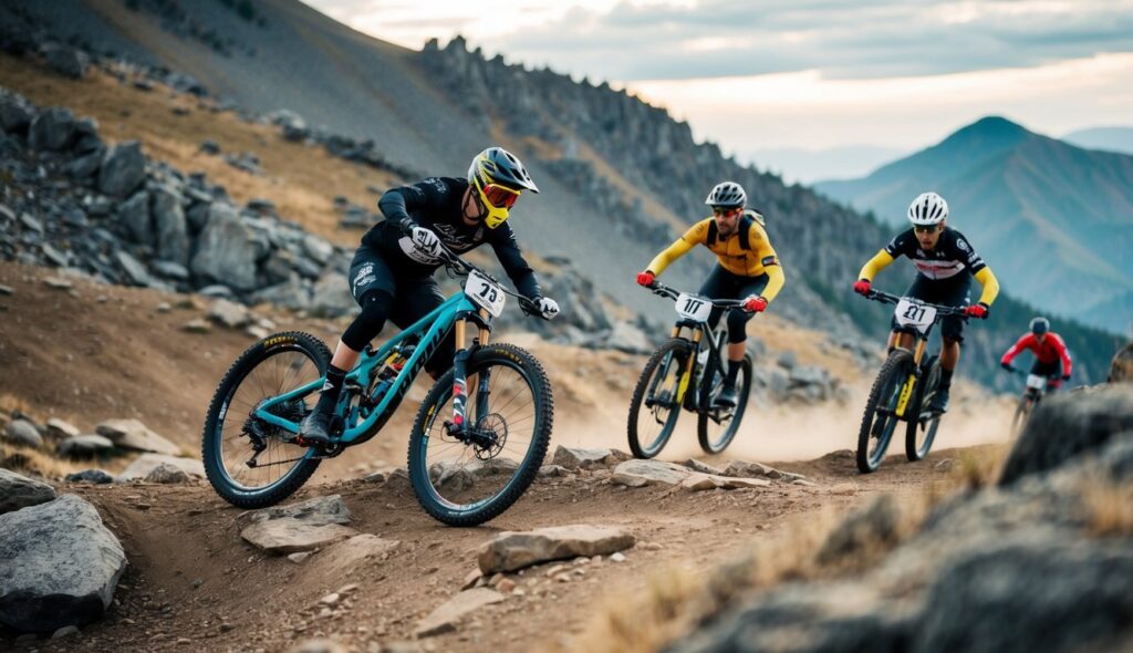 Une course de VTT robuste à travers un terrain rocheux, avec des cyclistes naviguant dans des descentes raides et des virages serrés.