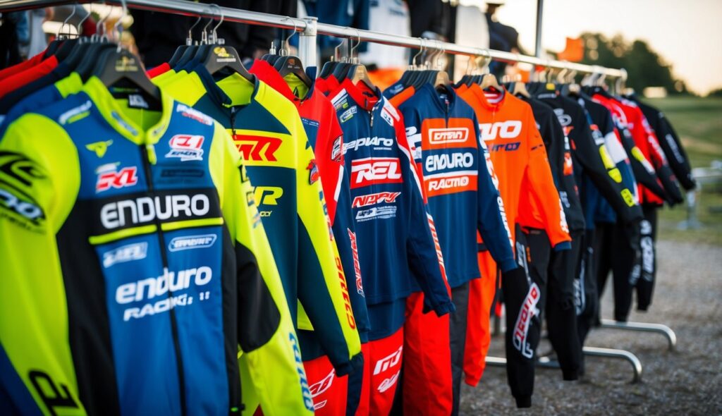 Une sélection de marques et de modèles de vêtements de course enduro exposés