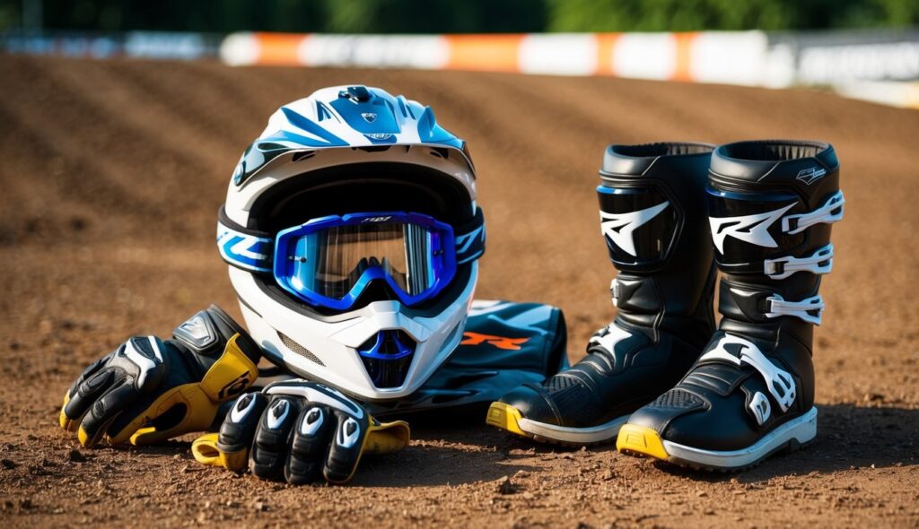 Une tenue de motocross étalée sur une piste de terre, avec un casque, des lunettes, des gants, des bottes et un équipement de protection.