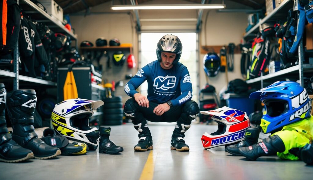 Un pilote choisissant de l'équipement de motocross dans un garage en désordre, entouré de casques, de bottes et d'équipements de protection.