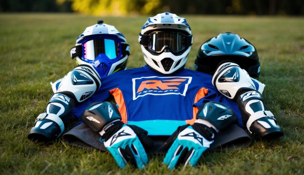 Une tenue de motocross disposée avec un casque, des lunettes, des gants, un maillot, un pantalon, des bottes et une armure corporelle