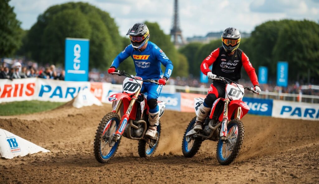 Un couple heureux participe à une course de motocross à Paris, France.