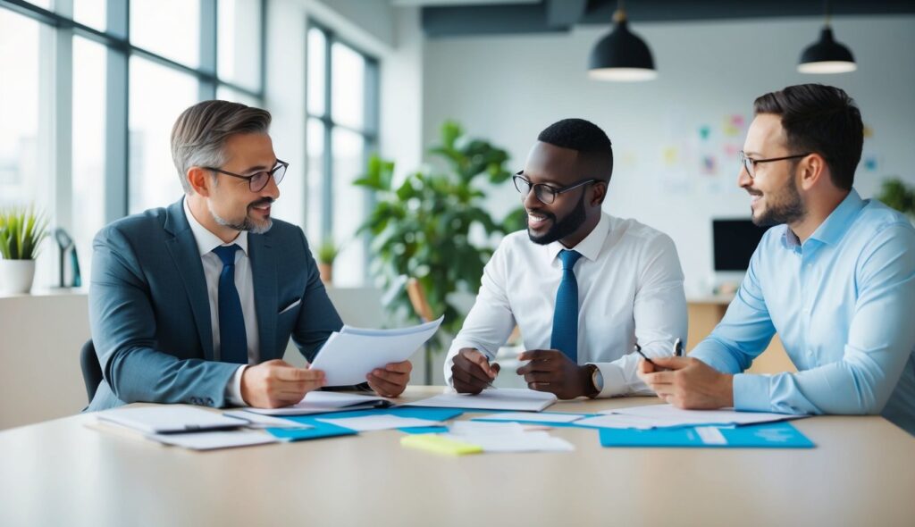 Trois professionnels discutent de la croissance de l'entreprise, échangeant des idées et des notes dans un bureau moderne et lumineux.