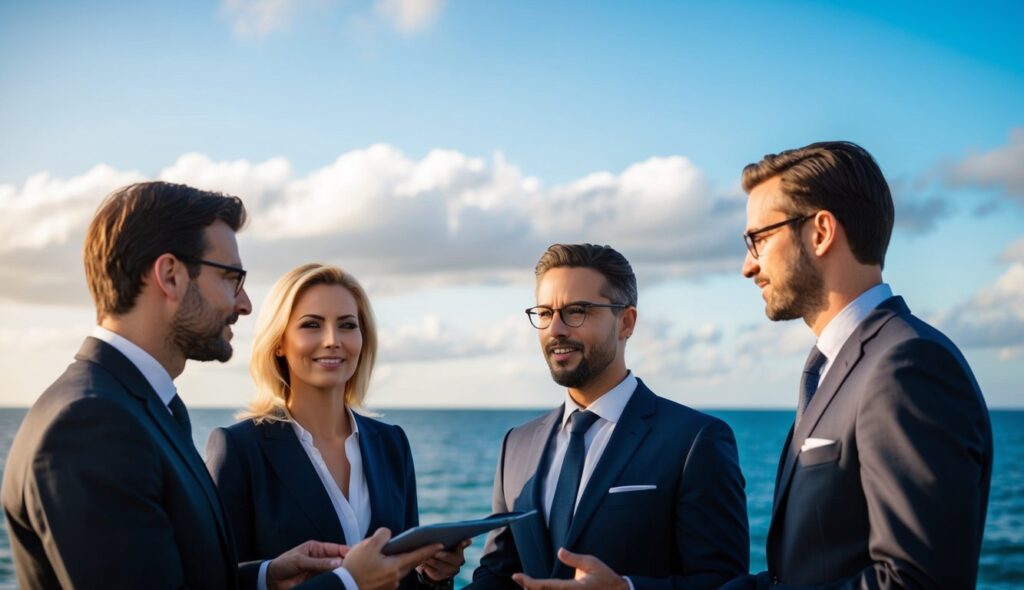 Quatre professionnels discutent de la croissance de l'entreprise au bord de l'océan.