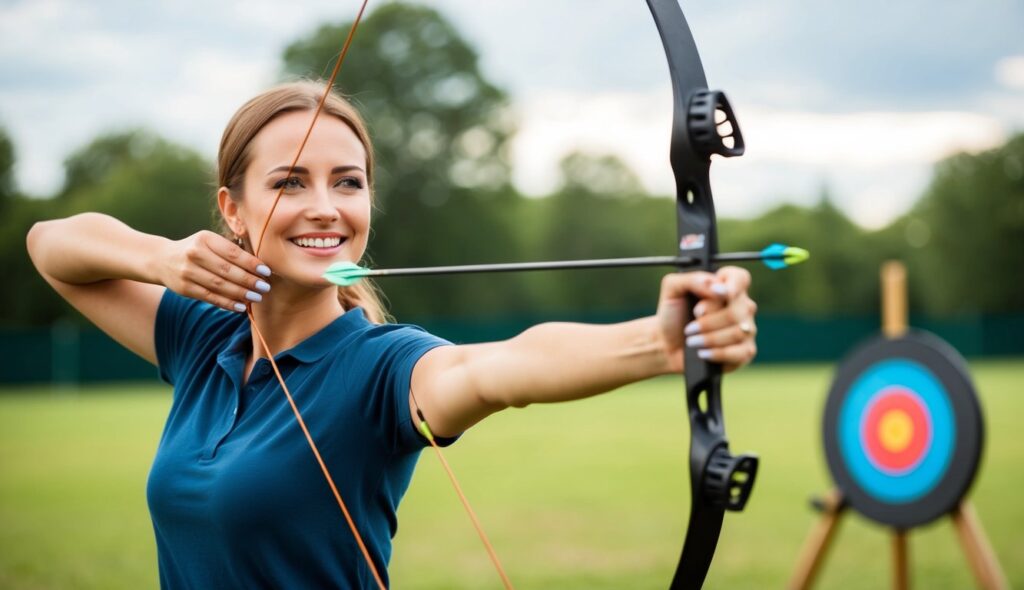 Une femme se tient au stand de tir à l'arc, souriante alors qu'elle tient un arc et des flèches, visant une cible.