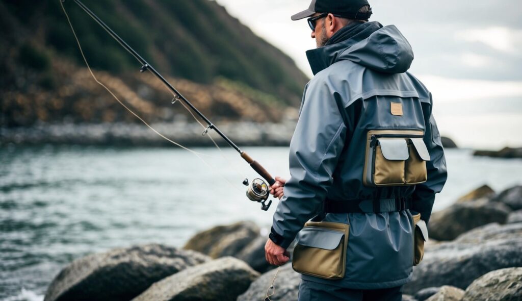 Un pêcheur portant une veste de pêche durable et imperméable avec plusieurs poches, se tenant sur une côte rocheuse avec une canne à pêche à la main.