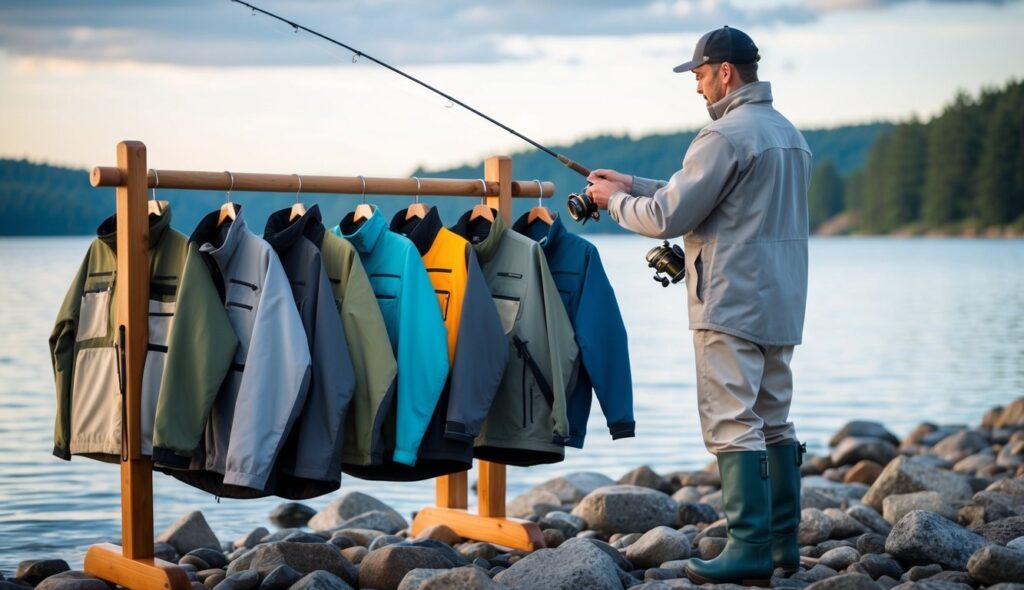 Un pêcheur debout sur une côte rocheuse, examinant une variété de vestes de pêche exposées sur un porte-en-bois, avec un lac serein en arrière-plan.