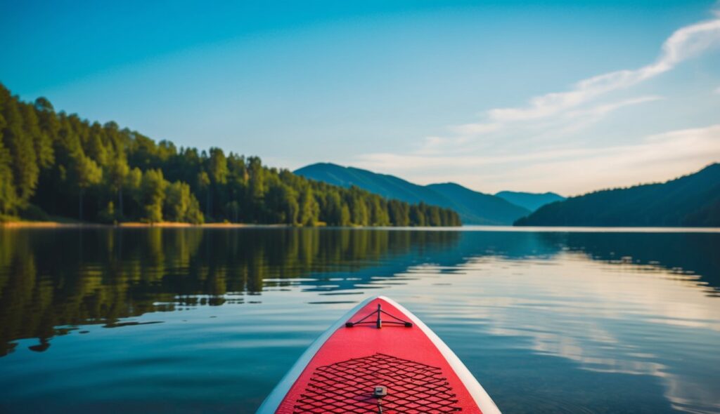 Un lac serein avec une planche à pagaie et un ciel bleu clair