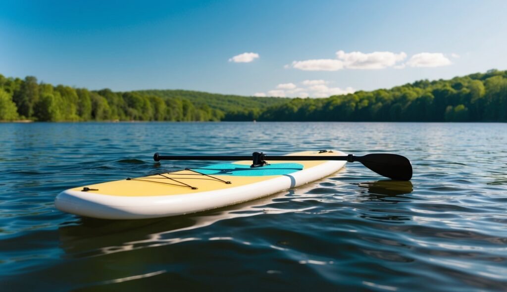 Un lac serein avec une planche à pagaie et une pagaie, entouré d'une végétation luxuriante et d'un ciel bleu clair