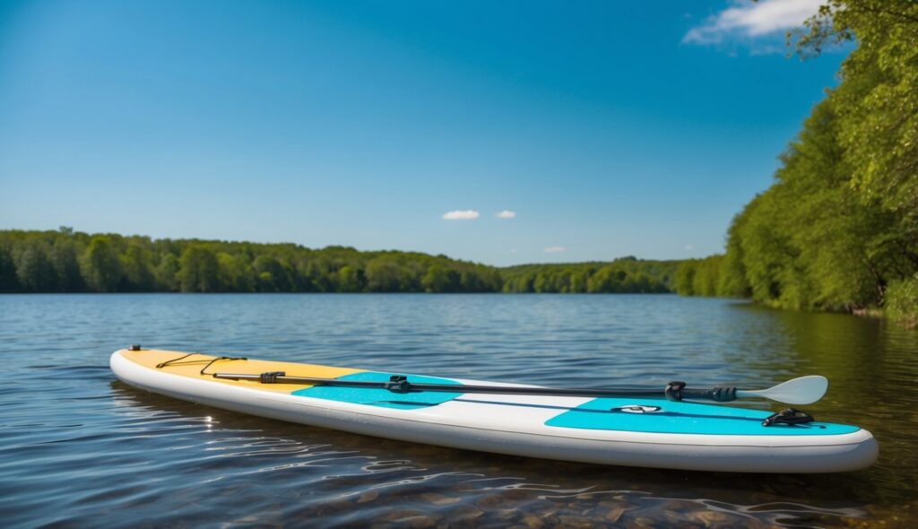 Une planche à pagaie et une pagaie reposant sur un lac tranquille, entourés d'une verdure luxuriante et d'un ciel bleu clair