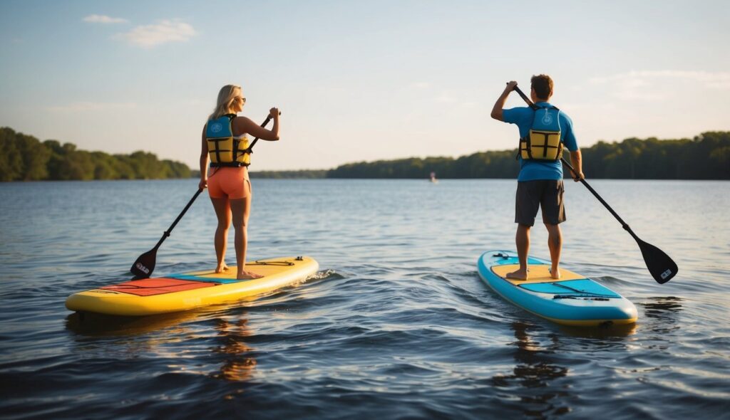 Un couple en tenue assortie de paddle glisse sur des eaux sereines.