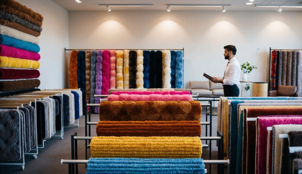 Un showroom avec des tapis tuftés colorés exposés sur des supports et accrochés aux murs, avec un vendeur aidant un client.