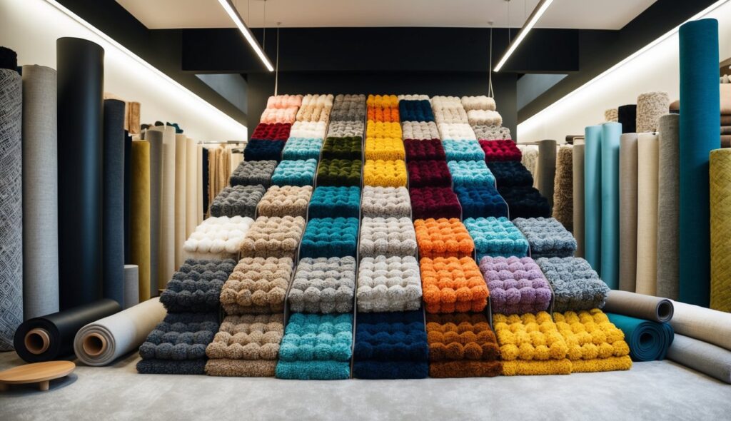 Une gamme colorée de tapis tuftés exposés dans un showroom moderne, entourés de rouleaux de divers matériaux et textiles.