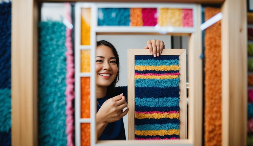 Une personne admire son art de tufting, encadré derrière elle, souriant devant le résultat coloré.