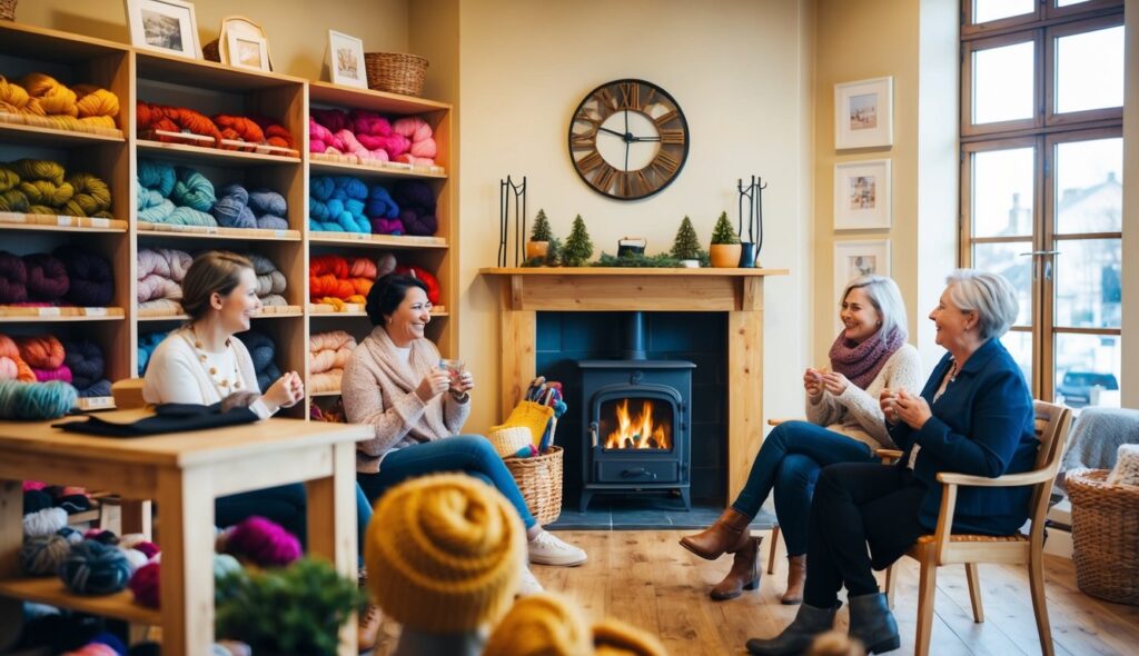 Une boutique de tricot chaleureuse avec des étagères de laine colorée, une cheminée accueillante et des clients discutant joyeusement.