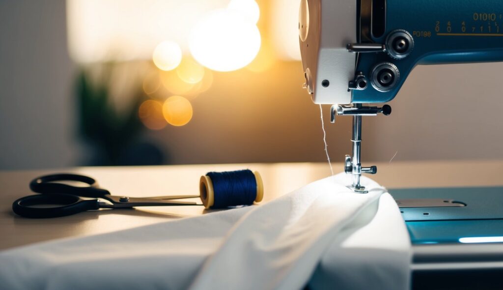 Une machine à coudre cousant du tissu en percale ou en satin de coton avec une bobine de fil et des ciseaux à proximité.