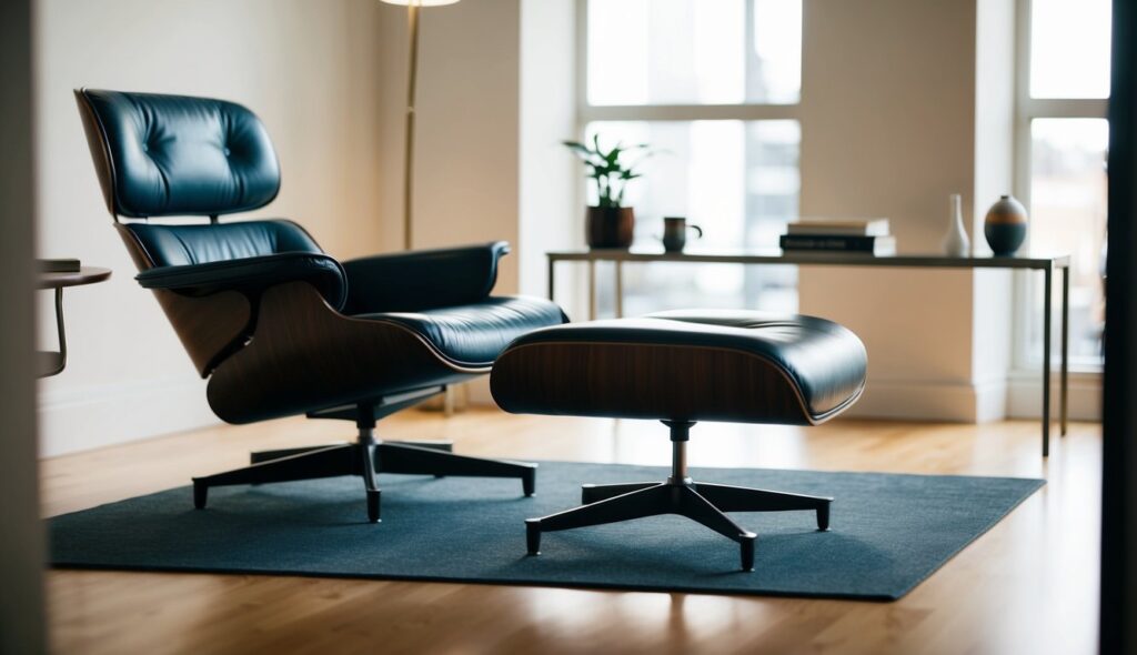 Une pièce bien éclairée mettant en avant un fauteuil Eames Lounge classique et son repose-pieds, mettant en valeur son design emblématique et ses matériaux.