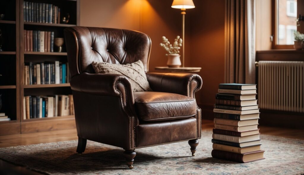 Un salon confortable avec un fauteuil en cuir vintage entouré d'un éclairage chaleureux et une pile de livres sur une table d'appoint