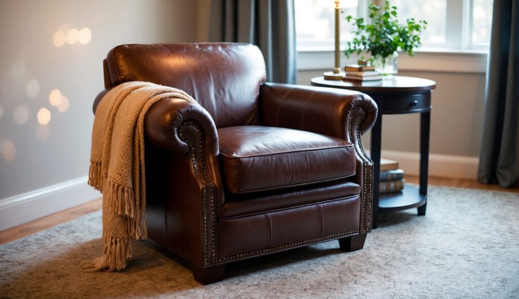 Un fauteuil club en cuir confortable dans une pièce bien éclairée avec une table d'appoint et une couverture chaude drapée sur l'accoudoir.