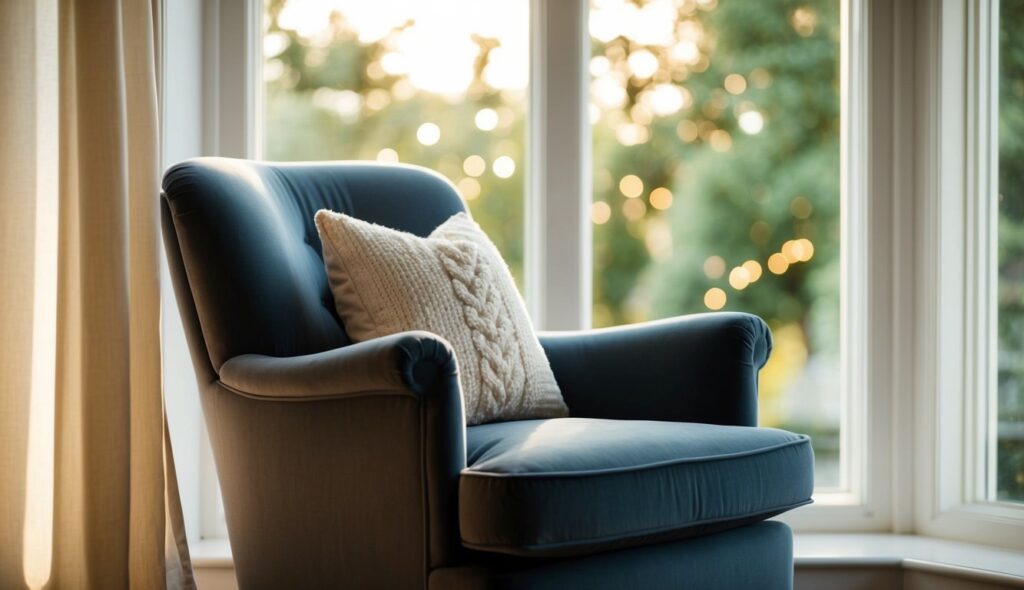 Un fauteuil confortable est placé près d'une fenêtre, baigné de douce lumière du soleil