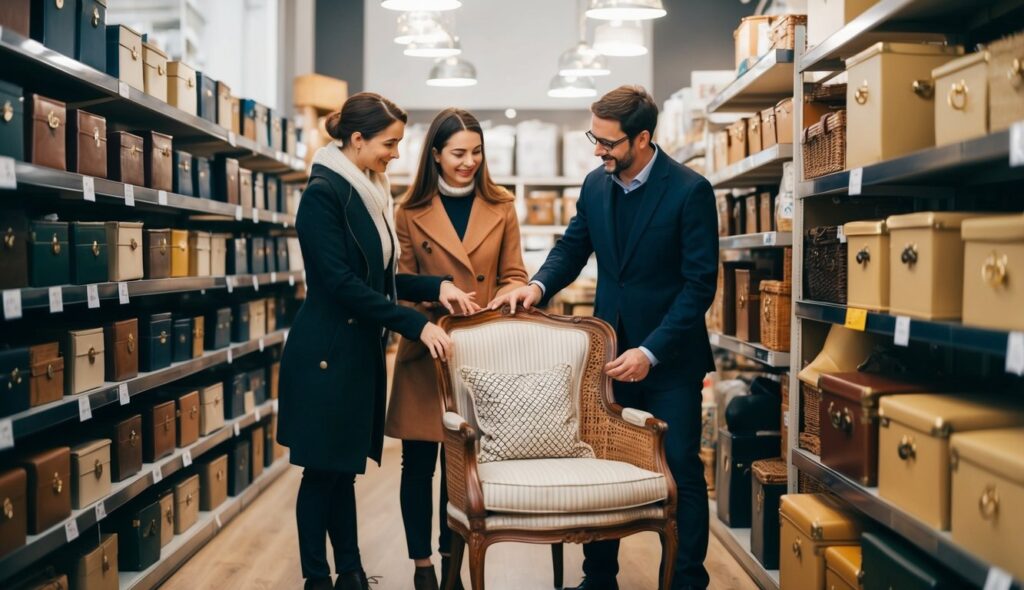 Un couple en France hésite entre un fauteuil crapaud et un fauteuil cabriolet dans un magasin, examinant attentivement le confort et le style de chaque pièce avant de faire leur choix.