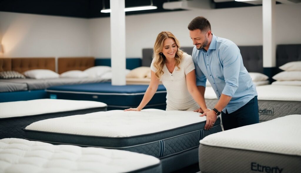 Une variété de matelas est exposée dans un showroom, incluant des options en mousse à mémoire de forme, en latex et hybrides. Un couple souffrant de douleurs dorsales teste différents matelas à la recherche du confort optimal.