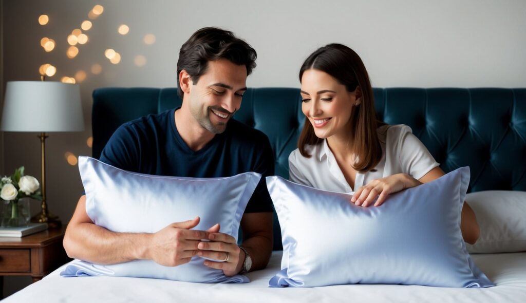 Un couple français examine des taies d'oreiller en soie et en satin, souriant et discutant de leurs bienfaits pour le sommeil et les soins de la peau.