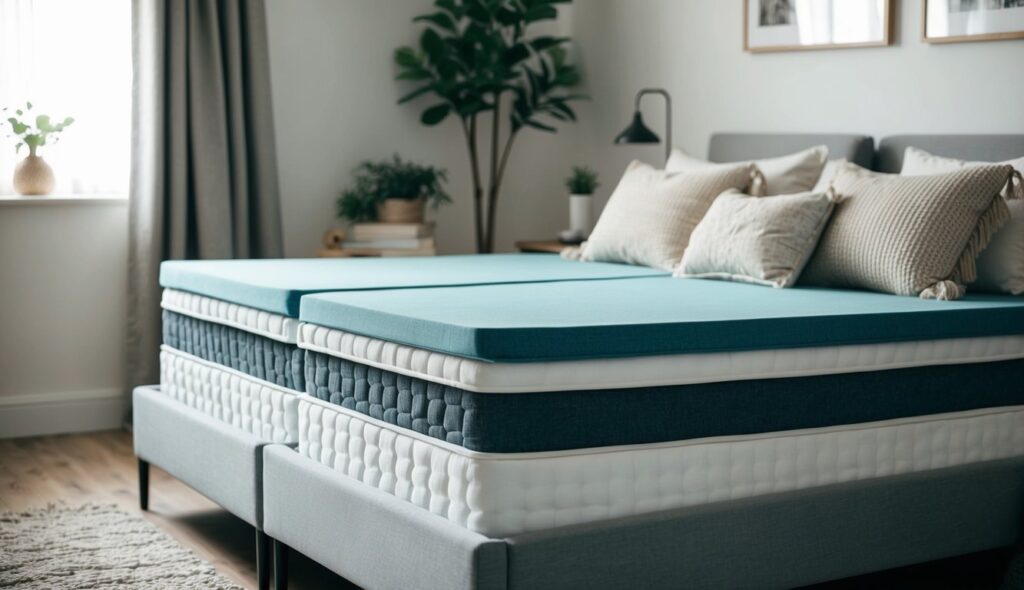 Un matelas en mousse ou à ressorts, entouré d'une ambiance de chambre confortable avec des oreillers et des couvertures.