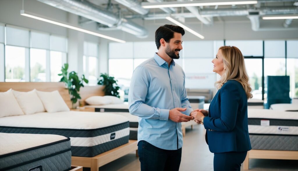 Un couple canadien discute des matelas en mousse ou à ressort dans un showroom moderne et lumineux.