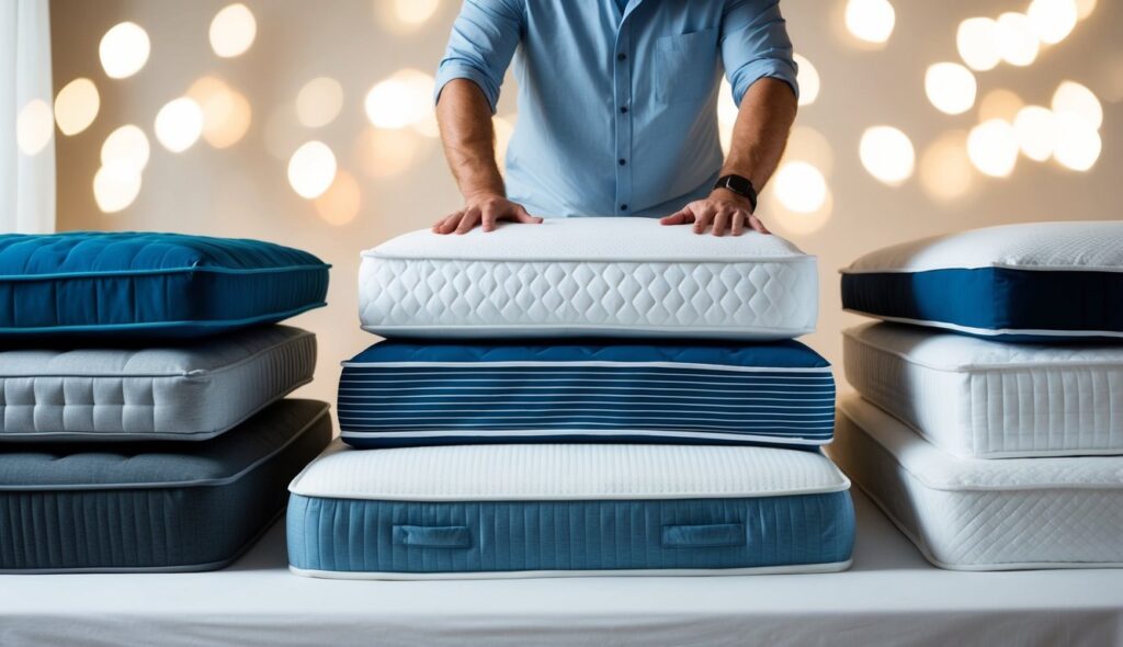 Une personne comparant différents surmatelas en fonction de son type de matelas