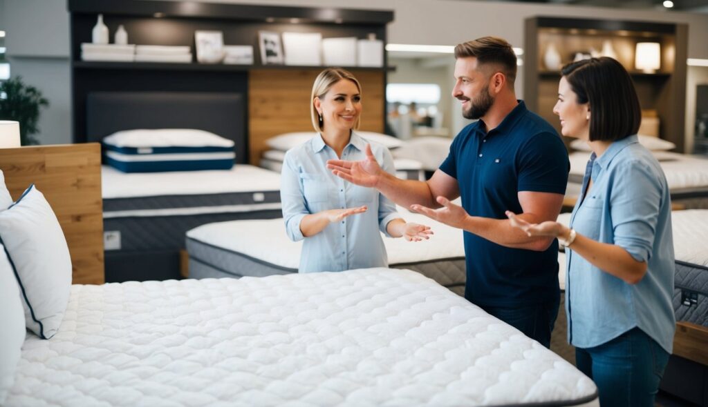 Un couple dans une chambre de magasin, comparant des surmatelas, faisant des gestes et discutant des matériaux.