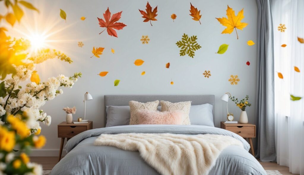 Une chambre confortable avec un lit orné d'une couette moelleuse, entourée d'éléments saisonniers tels que des fleurs épanouies pour le printemps, un soleil chaud pour l'été, des feuilles tombantes pour l'automne et des flocons de neige pour l'hiver.