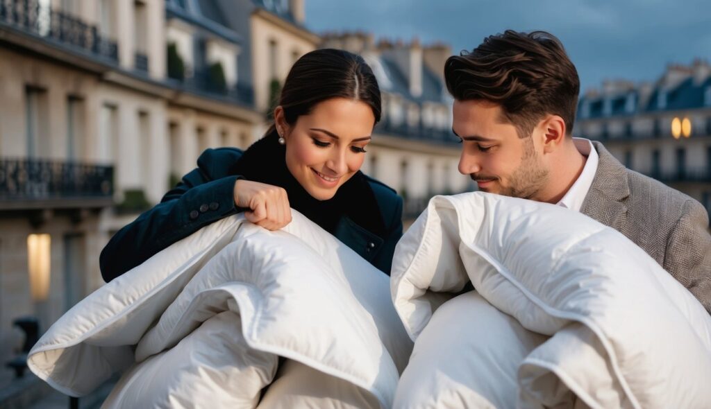 Un couple examine des couettes, évoquant un confort tout au long de l'année dans un style parisien.