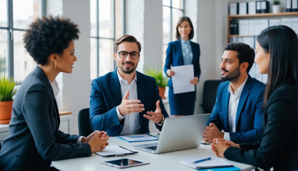 Un stratège de marque présente à deux consommateurs diversifiés dans un bureau français, en mettant l'accent sur la différenciation dans un marché saturé.