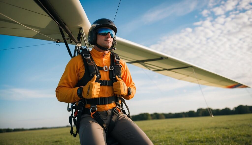 Le pilote de deltaplane est équipé d'un équipement de sécurité essentiel et d'accessoires, améliorant l'expérience de vol et offrant une protection contre les conditions météorologiques.