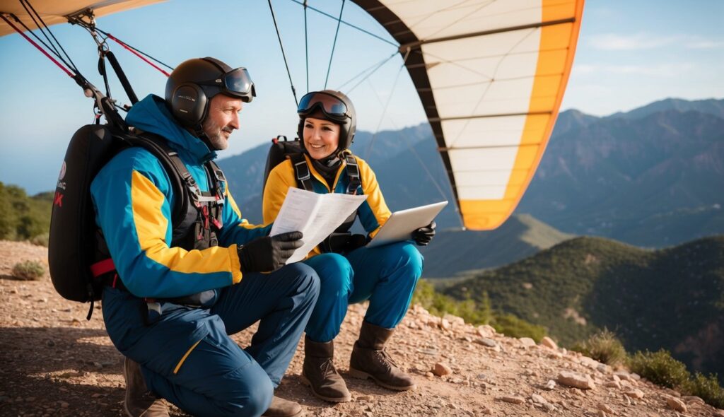 Le pilote de deltaplane, vêtu d'un équipement résistant aux intempéries, se prépare pour un vol sûr au-dessus des paysages naturels du Maroc, discutant de ses plans avec sa femme sur le flanc d'une montagne.